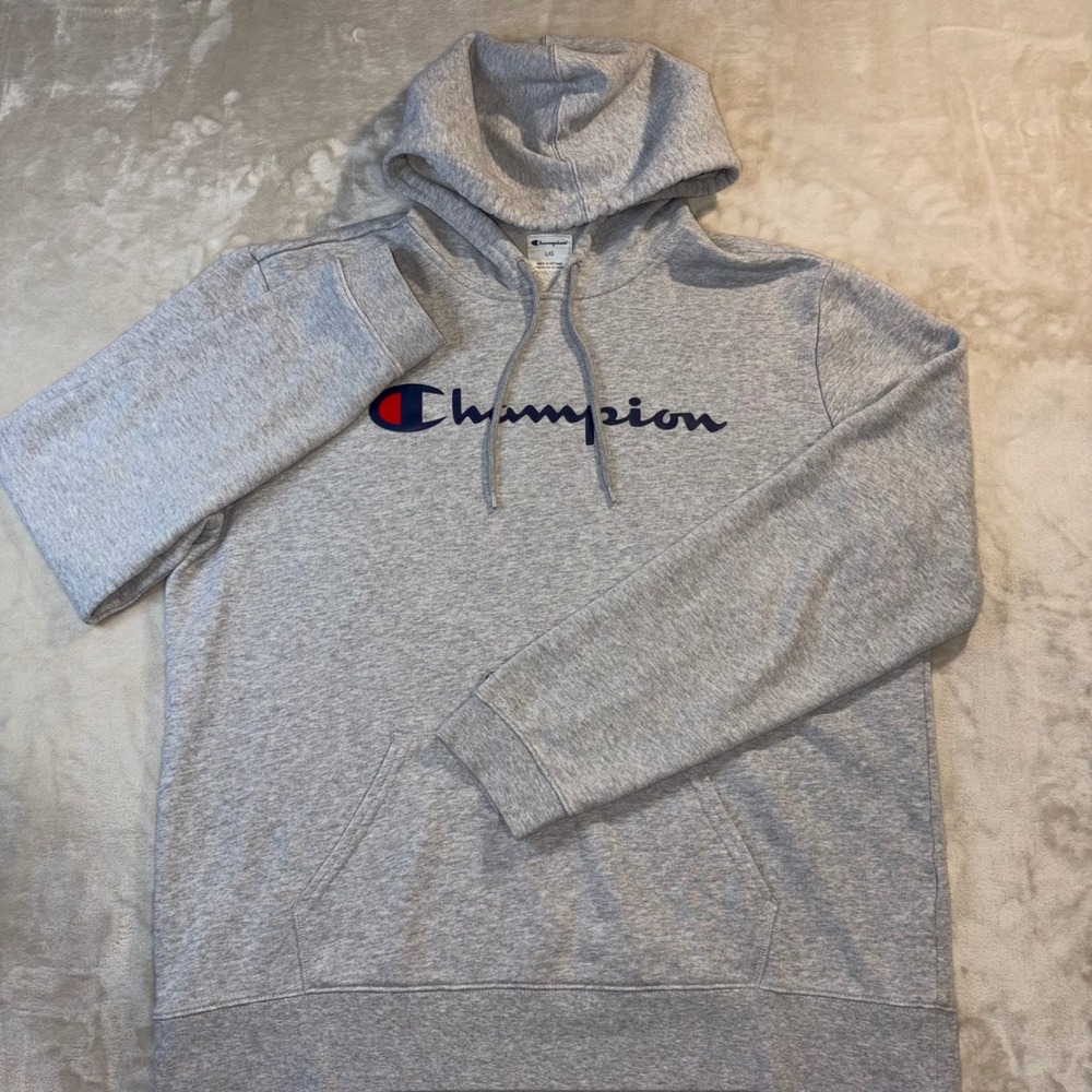Champion Mens Powerblend Fleece Hoodie Gray Script Logo Sweatshirt Large RN15763